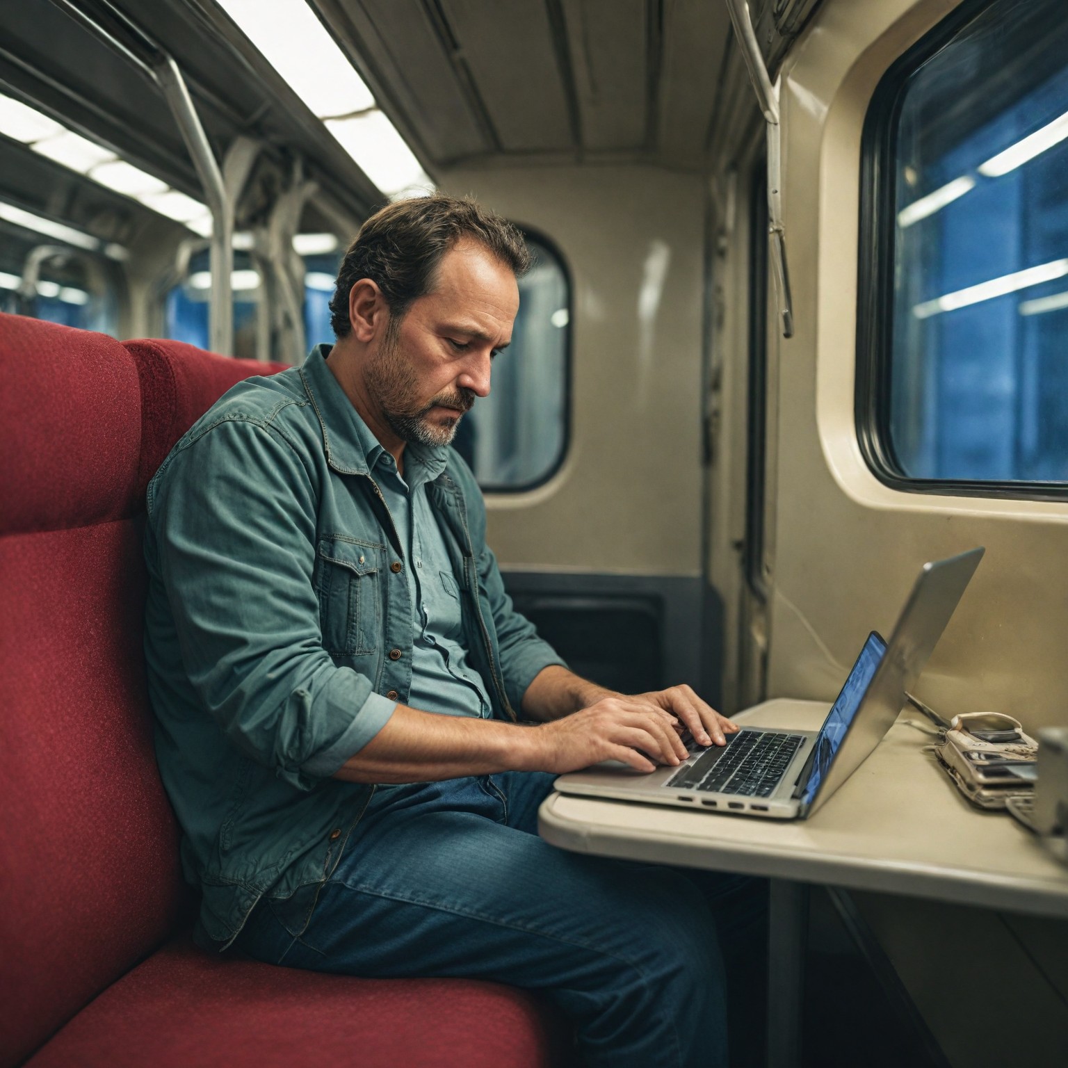 homme travaillant sur ordinateur dans le train grâce au wifi gratuit