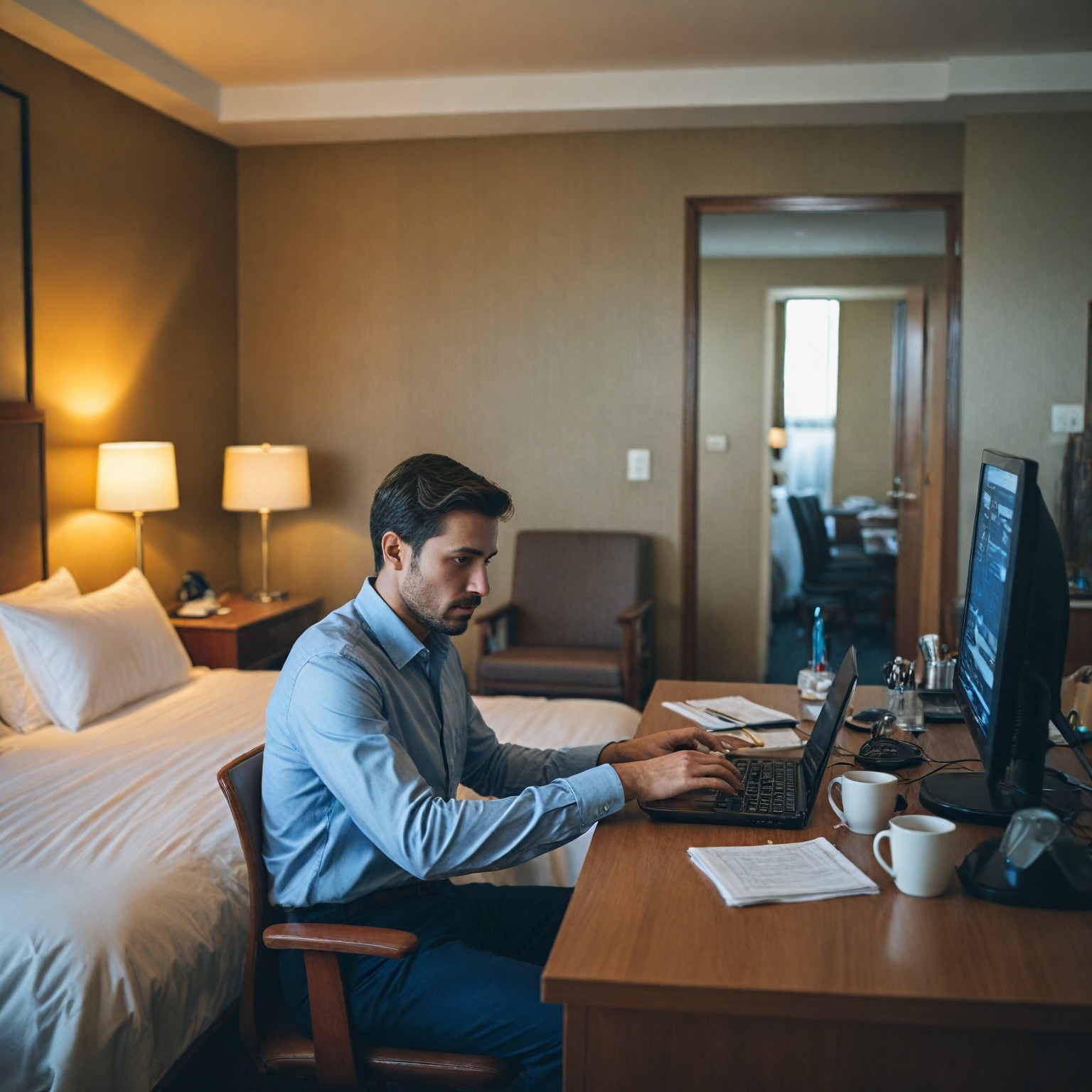 homme travaillant<br />
sur ordinateur dans un hôtel grâce au  wifi gratuit